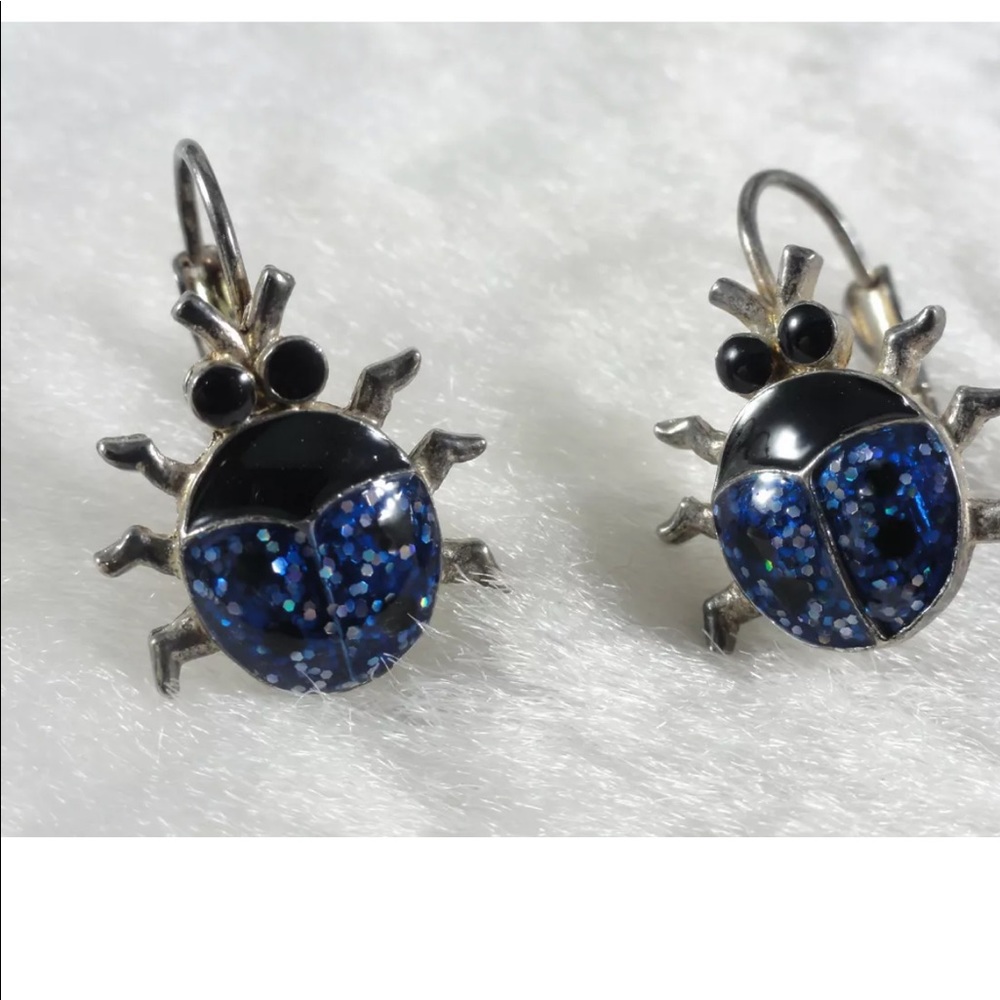 Ladybug blue confetti glittered enamel earrings